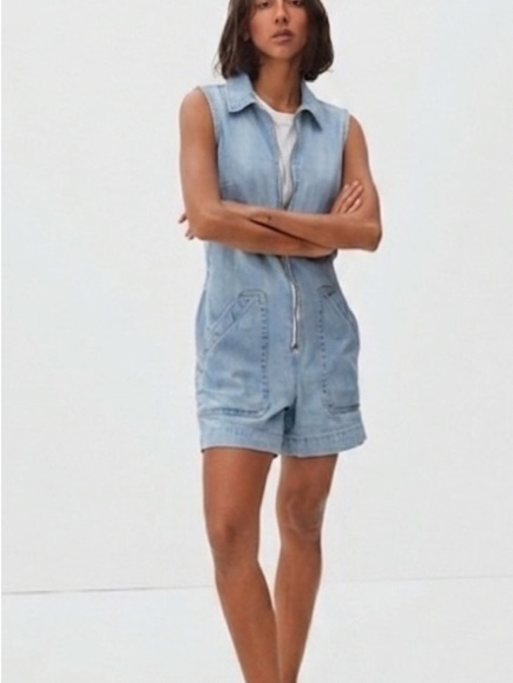Everlane Women’s size 2 The Denim Jean Zip Front Short Coverall Romper